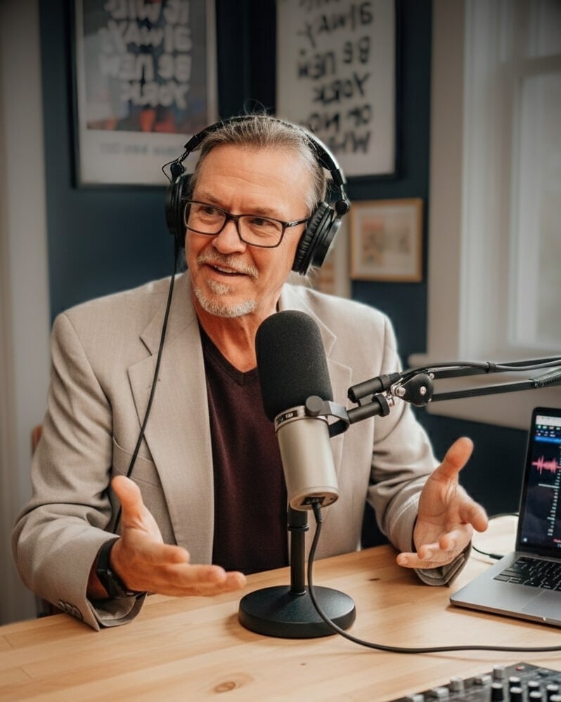 Host Tom Pollard sitting in front of a microphone doing the Music of America podcast